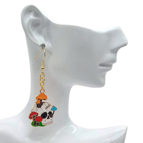 Skull & Mushroom Dangle Earrings | Witchy Gothic Halloween Jewelry - Picture 2 of 4